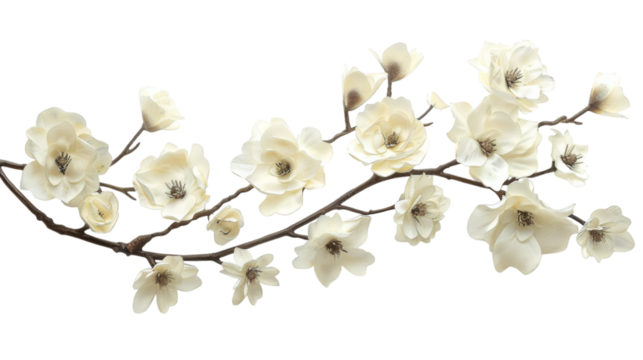 White flower branch with delicate blooms and a natural curve isolated on a white background