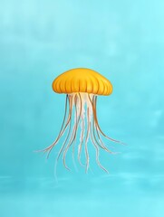 Golden Jellyfish in Aqua - A single, vibrant golden jellyfish floats gracefully in a tranquil blue ocean. Its long tentacles trail below, creating a mesmerizing underwater scene.