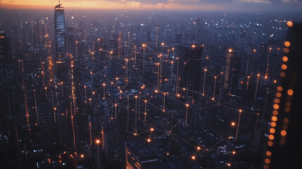 Fototapeta premium Smart digital Innovation city with connection network reciprocity over the twilight cityscape. of future smart wireless digital city and social media networking systems that connects people with city 