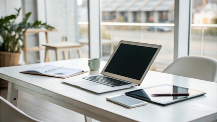 Desk with laptop and tablet on a modern workspace background, computer, online shop, online store, office desk