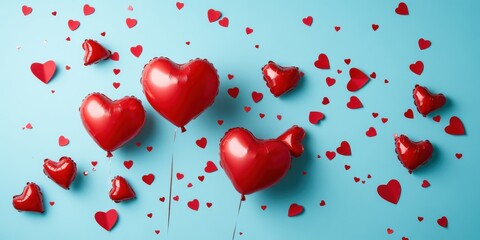 Heart-shaped balloons and red hearts on blue background