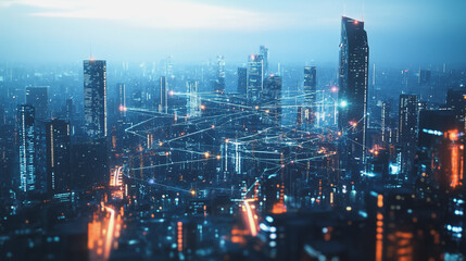 Fototapeta premium Smart digital Innovation city with connection network reciprocity over the twilight cityscape. of future smart wireless digital city and social media networking systems that connects people with city 