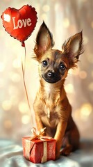Valentine greeting card with Lovely puppy with balloon in heart shape and gift box with text I Love you.
