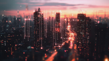Fototapeta premium Smart digital Innovation city with connection network reciprocity over the twilight cityscape. of future smart wireless digital city and social media networking systems that connects people with city 