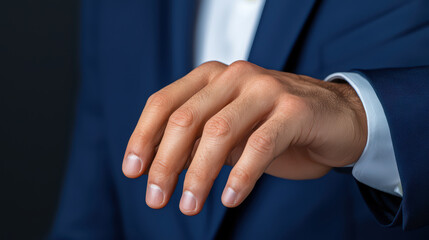 Elegant hand gesture in formal suit, showcasing professionalism and confidence