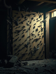 Distressed woodgrain poster with a creepy crawly insect infestation, antique feel, creepy crawlies