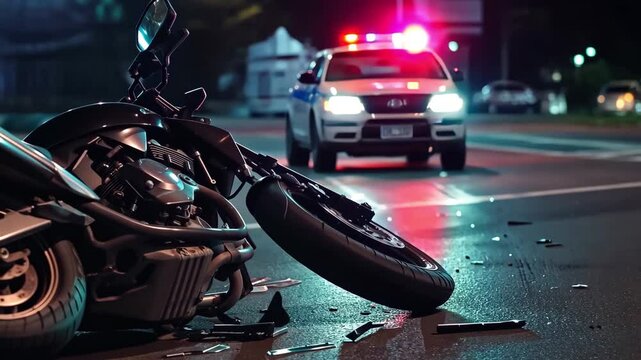 A motorcycle accident occurs on a city street, with debris scattered around the fallen bike. Police are on-site, activating emergency lights and assessing the situation.