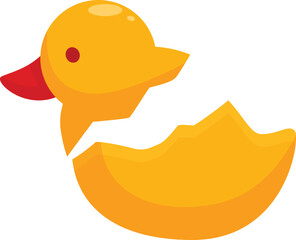 Small yellow rubber duckling hatching from a broken egg, representing new life, childhood, and bath time fun
