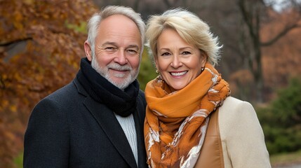 Fototapeta premium Smiling couple enjoying autumn foliage in a park while embracing the beautiful seasonal colors and crisp air