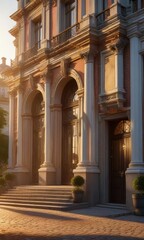 Fototapeta premium Elegant royal residence aglow with evening sunlight, soft illumination, elegant palace, lovely architecture
