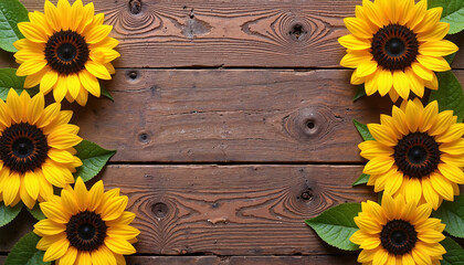 Obraz premium Vibrant Yellow Sunflowers Bordering Rustic Wooden Background with Copy Space for Text or Design. Perfect for Nature-Themed Projects and Seasonal Decor