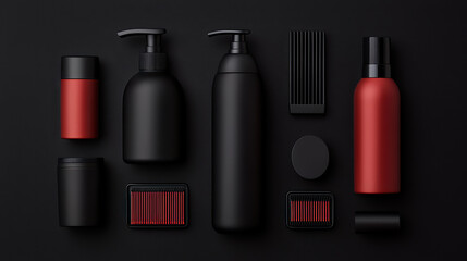 Obraz premium Black and red grooming tools and containers arranged on dark surface