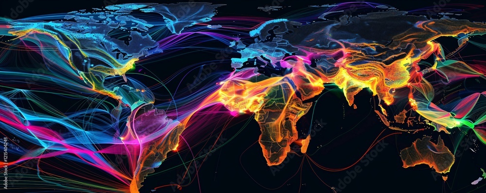 Fototapete Nighttime world map with illuminated lines connecting continents, symbolizing global data exchange and communication