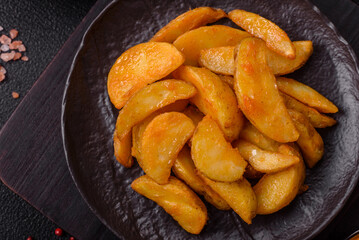 Baked potato wedges with cheese and herbs on a dark background