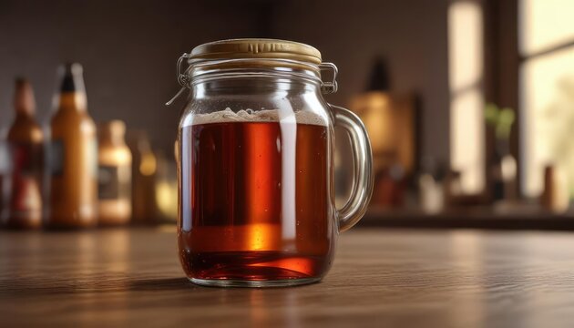 Filled glass jar with beery in the background , object, beery jam jar half full, drink