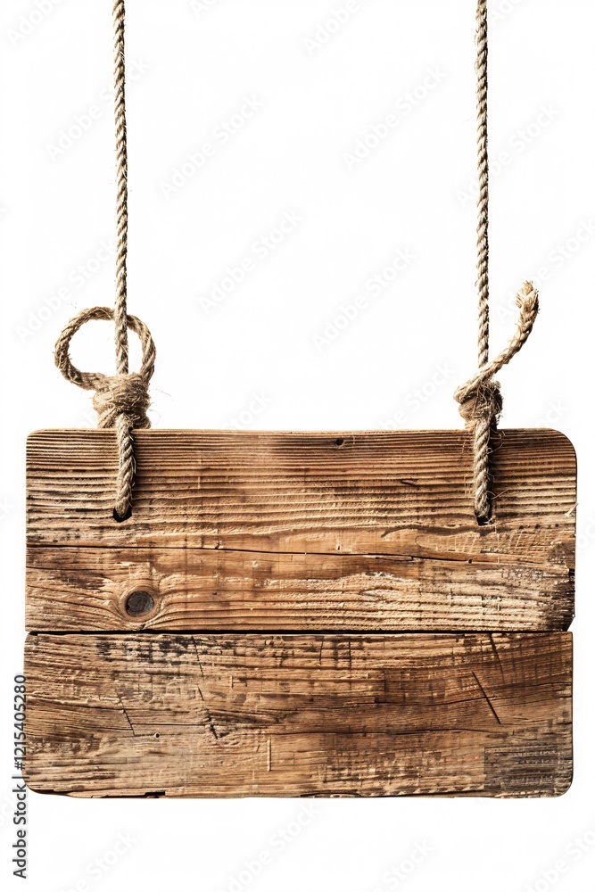 Poster old, grungy wooden sign hanging from two ropes on white background with space for your text