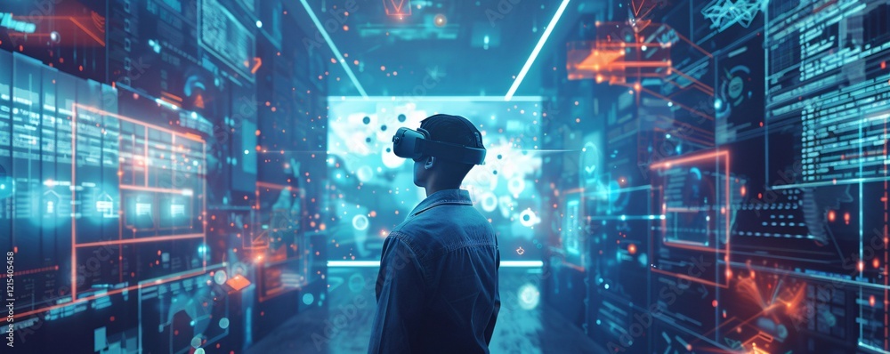 Aufkleber Immersed in a 3d virtual reality experience, a software developer wears a vr headset