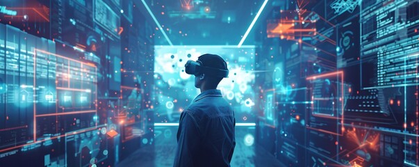 Immersed in a 3d virtual reality experience, a software developer wears a vr headset