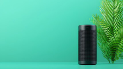 Smart speaker with tropical plant on vibrant green background