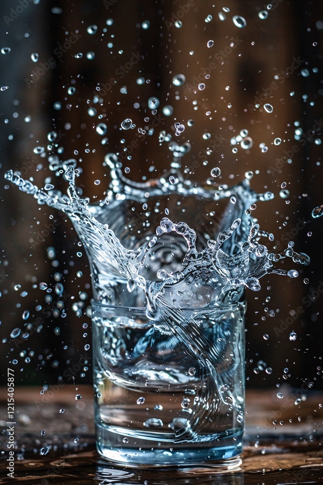 Poster Glass of water overflowing with ice cubes, creating a big splash on a dark background