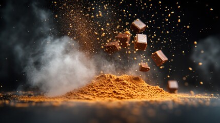 Obraz premium Chocolate cubes exploding cocoa powder studio