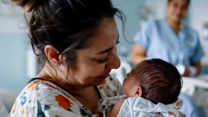 Smiling mother holding her newborn baby in a hospital room, with a nurse in the background - Powered by Adobe