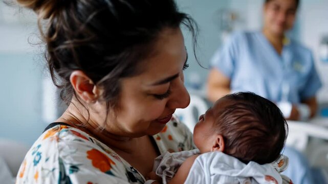 Smiling mother holding her newborn baby in a hospital room, with a nurse in the background