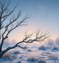 Frosty morning with bare branches against a pale blue winter sky , morning, hazy, silvery
