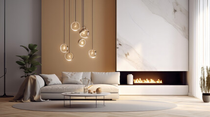 A cozy living room featuring a built-in fireplace with a sleek marble surround