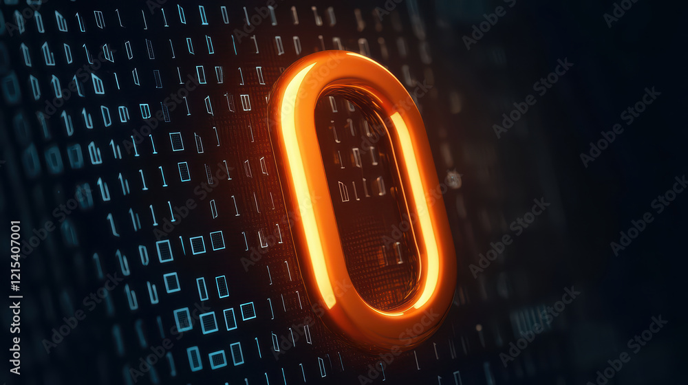 Poster glowing orange number zero on digital background with binary code