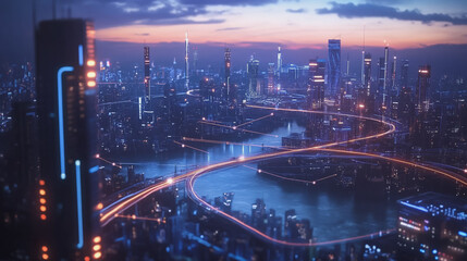 Fototapeta premium Smart digital Innovation city with connection network reciprocity over the twilight cityscape. of future smart wireless digital city and social media networking systems that connects people with city
