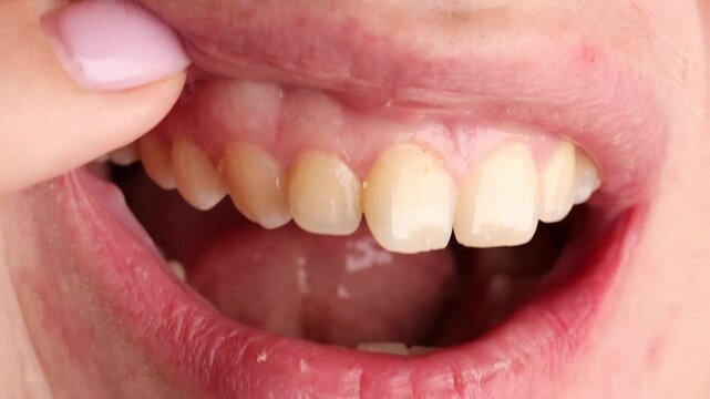 Close-up of open mouth showing teeth and oral health. Visible plaque on teeth highlights need for proper hygiene. dental care and the importance of regular cleaning.