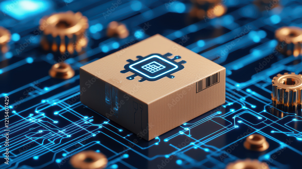 Poster conceptual image of microchip on circuit board, symbolizing technology