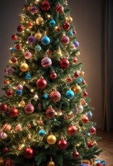 Colorful Christmas tree with ornaments and lights, winter wonderland, festive colors