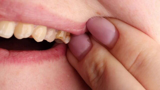 Closeup of decayed tooth indicating tooth decay and painful dental issue. Decayed tooth reveals urgent need for dental care. Tooth decay highlights poor oral health and cavity formation.