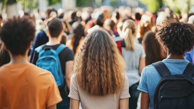 Diverse students with backpacks stroll through a bustling urban area on a sunny day, back view of young people crowd