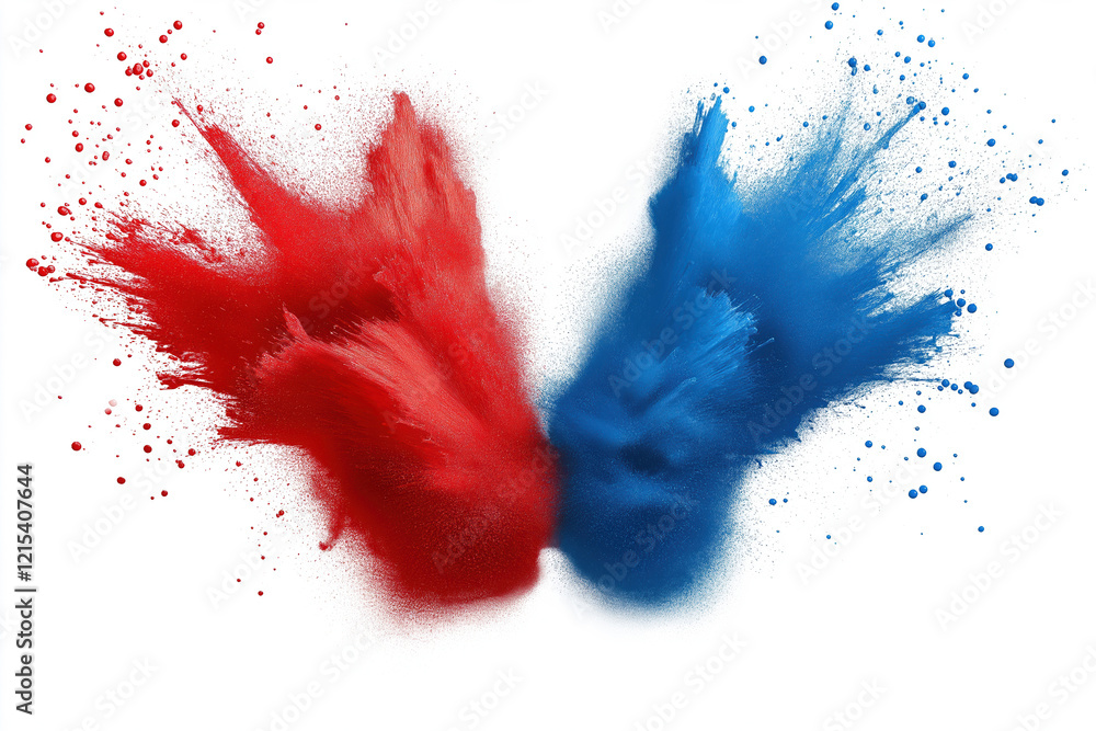 Poster Colorful explosion of red and blue powder creating a dynamic visual spectacle