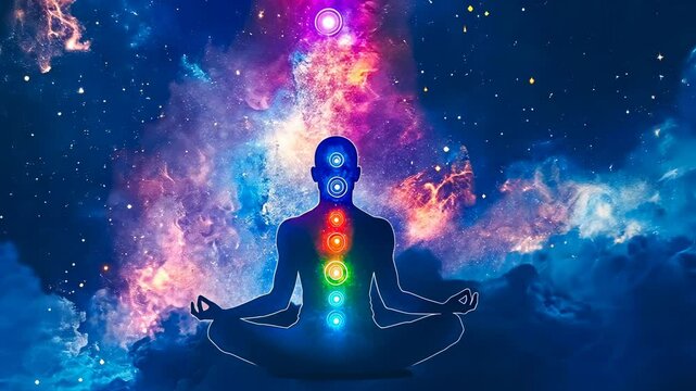 vibrant digital illustration person cosmic meditation pose glowing chakras.Human serene galaxy-themed backdrop,radiating energy centers.Meditative posture aligning tranquil space setting.visual