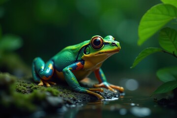 Naklejka premium Colorful tadpole frog swimming in lush rainforest, wildlife, water