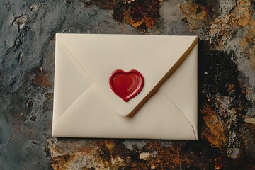 A simple beige envelope with a small, elegant red heart wax seal in the center, cutout on a transparent (PNG) background