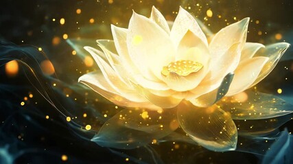 A fantasy lotus flower blooms with golden hues, surrounded by soft glowing lights, creating an enchanting atmosphere of elegance and beauty on dark background