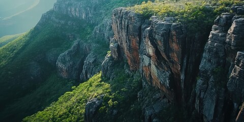 Aerial view Majestic cliffs, lush greenery, misty mountains, travel brochure