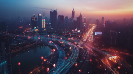 Fototapeta premium Smart digital Innovation city with connection network reciprocity over the twilight cityscape. of future smart wireless digital city and social media networking systems that connects people with city