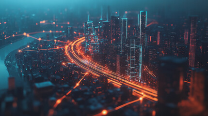 Fototapeta premium Smart digital Innovation city with connection network reciprocity over the twilight cityscape. of future smart wireless digital city and social media networking systems that connects people with city