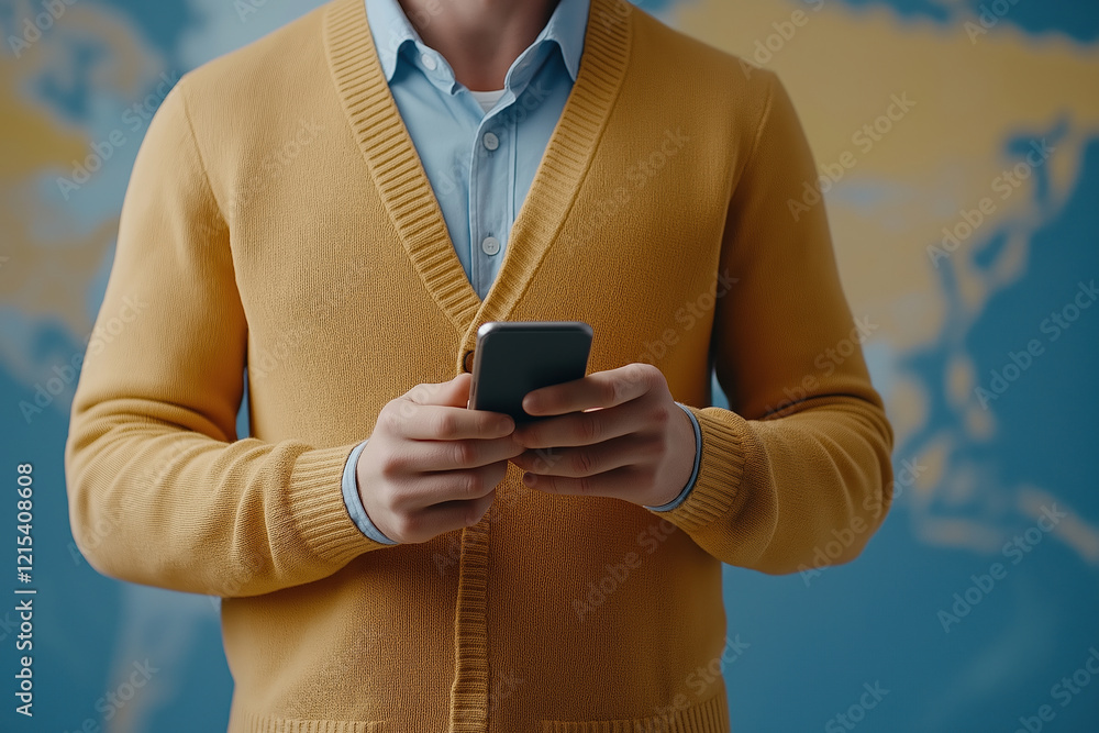 Poster man in yellow cardigan uses smartphone against a world map background in a modern setting