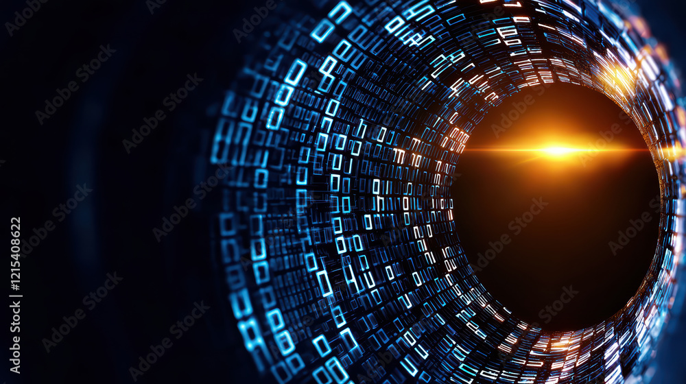 Poster digital tunnel with binary code and light effects