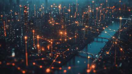 Fototapeta premium Smart digital Innovation city with connection network reciprocity over the twilight cityscape. of future smart wireless digital city and social media networking systems that connects people with city