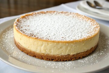 Creamy cheesecake with a golden crust and a sprinkle of powdered sugar, crunchy texture, sweet treats, decadent cheesecake, baked goods, rich flavors