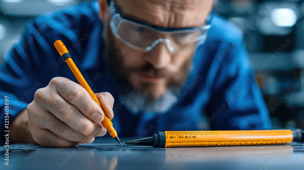 Poster focused engineer using pencil and ruler for precise measurements