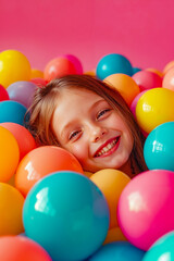 Obraz premium A little girl smiles as she is surrounded by colorful balloons